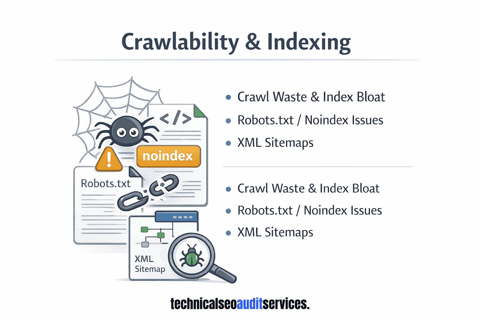 Illustration showing crawlability and indexing issues such as robots.txt rules, noindex tags, crawl waste, and XML sitemap structure.