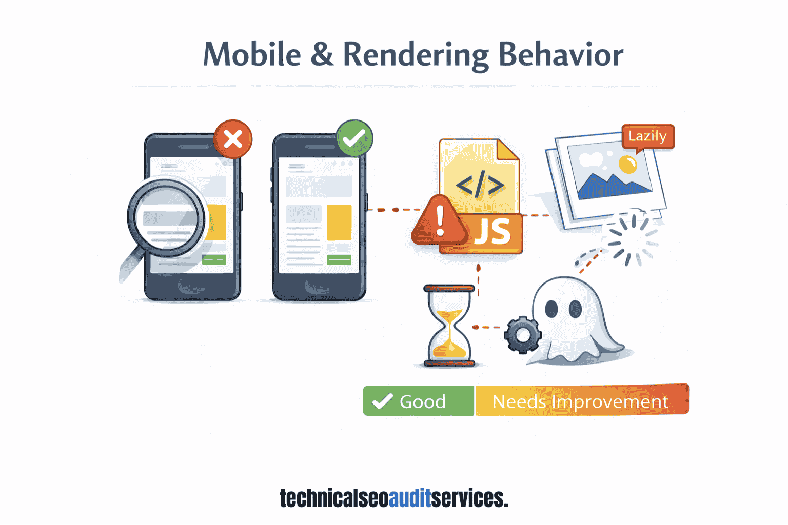 Illustration showing mobile-first indexing and rendering issues caused by JavaScript, lazy loading, and incomplete page rendering.