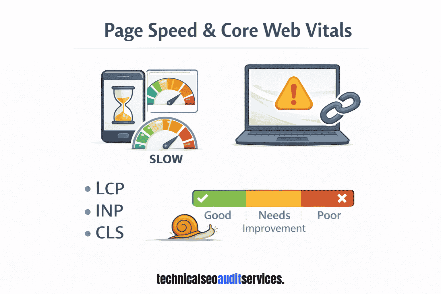 Illustration showing page speed and Core Web Vitals issues, including LCP, INP, and CLS, across mobile and desktop devices.