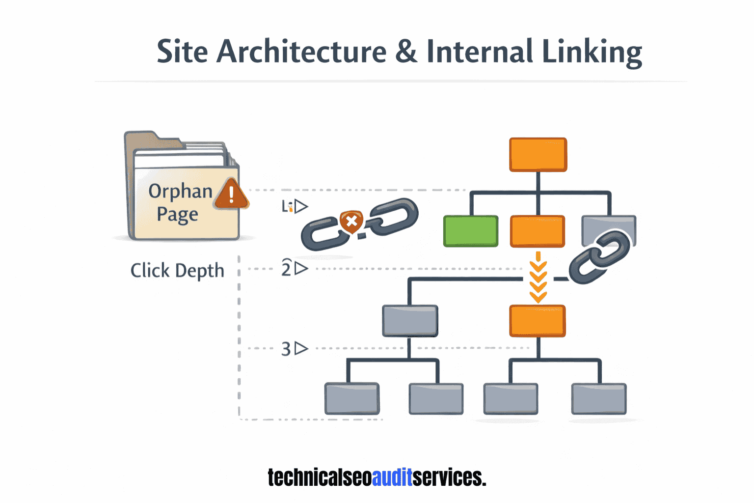Illustration showing site architecture and internal linking structure, highlighting orphan pages, click depth, and internal link flow.
