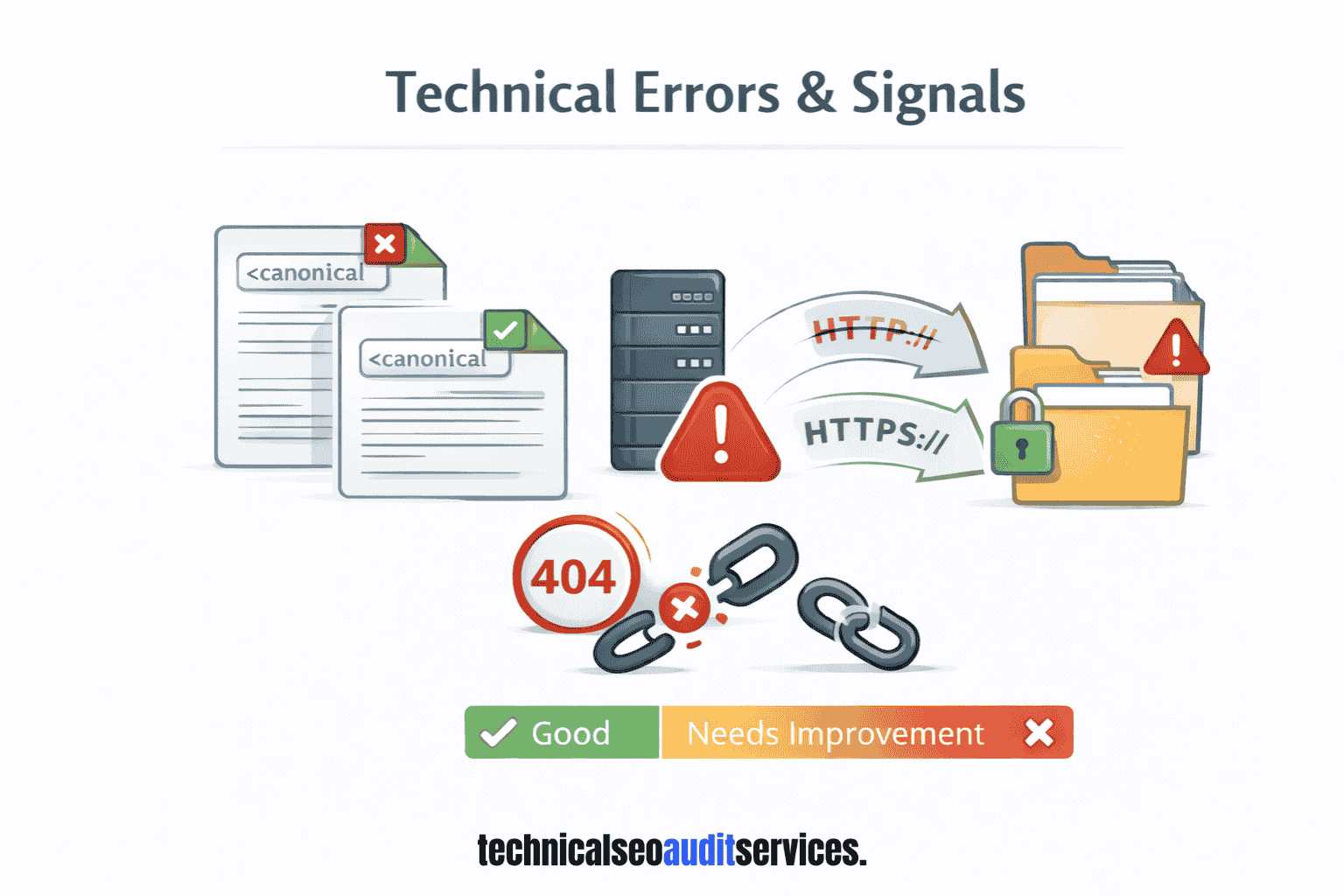 Illustration showing technical SEO errors and signals, including canonical issues, broken links, redirect problems, server errors, and HTTPS security warnings.