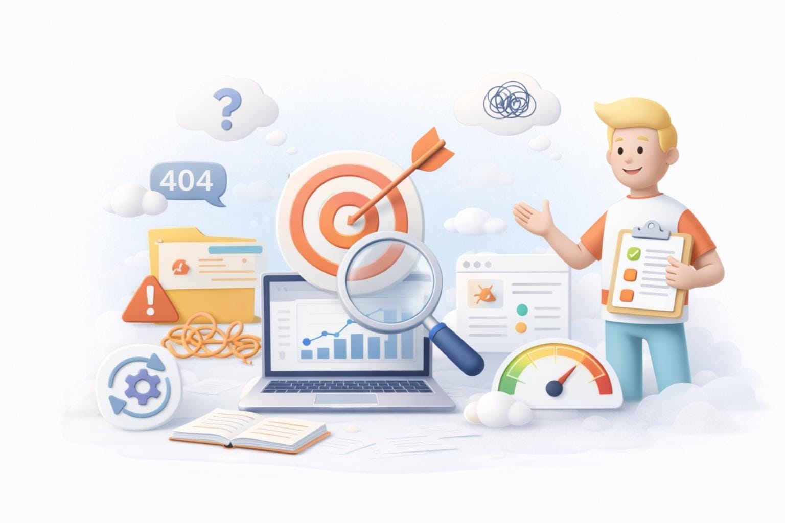 Illustration showing technical SEO issues being reviewed and prioritized to bring clarity and direction for better decisions.