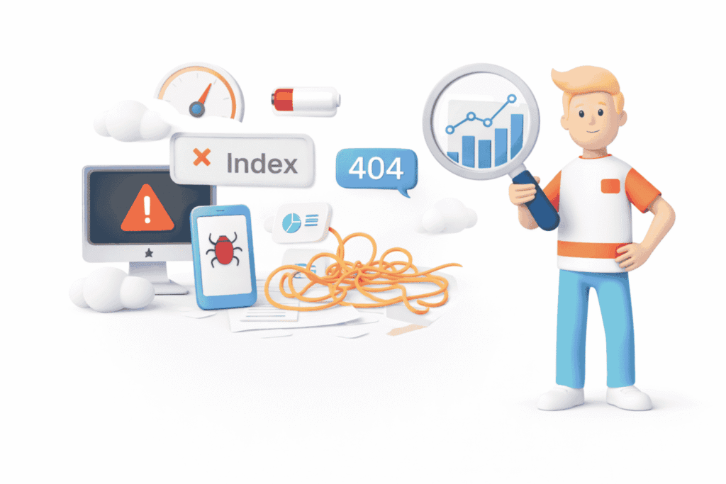 Illustration showing hidden technical SEO issues like crawl errors, indexing problems, and site performance challenges being analyzed.