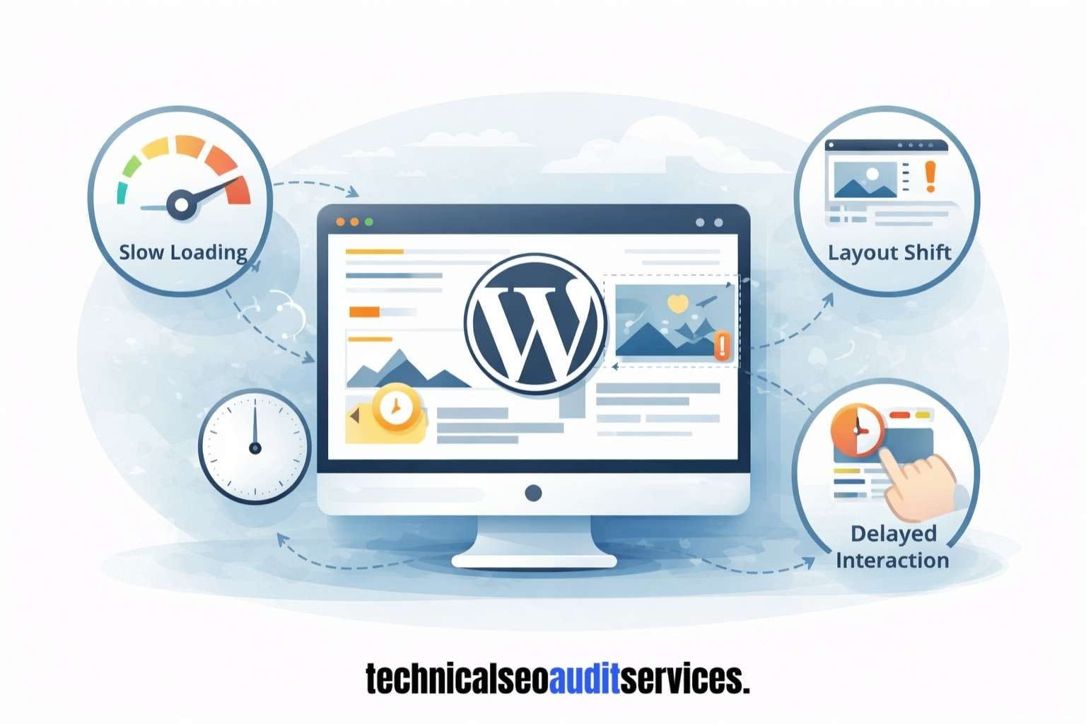 Illustration showing Core Web Vitals issues on a WordPress website, including slow loading, layout shifts, and delayed user interaction.