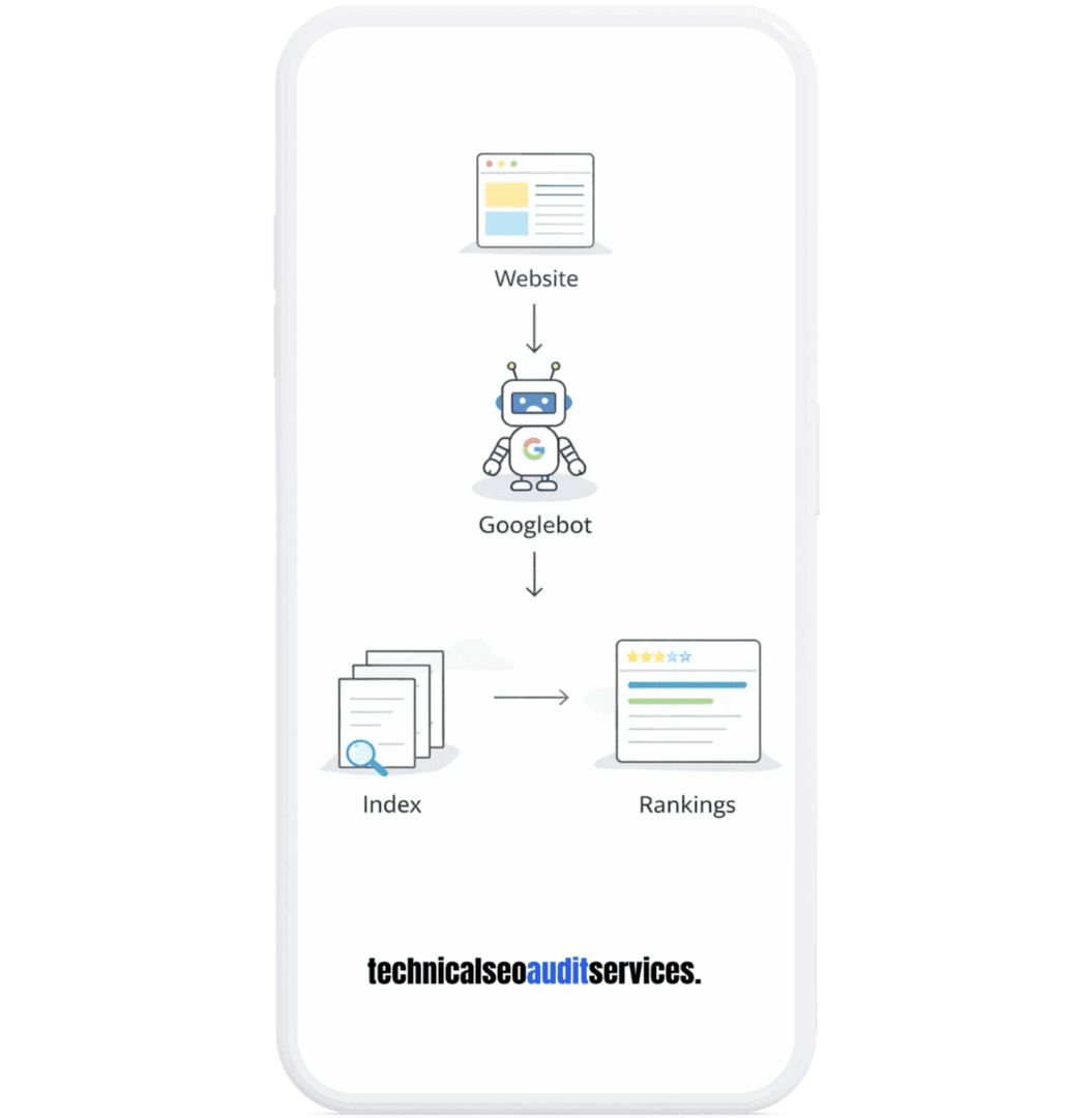 Diagram showing how search engines crawl, index, and evaluate a website. And, this image is for technical seo audit services.