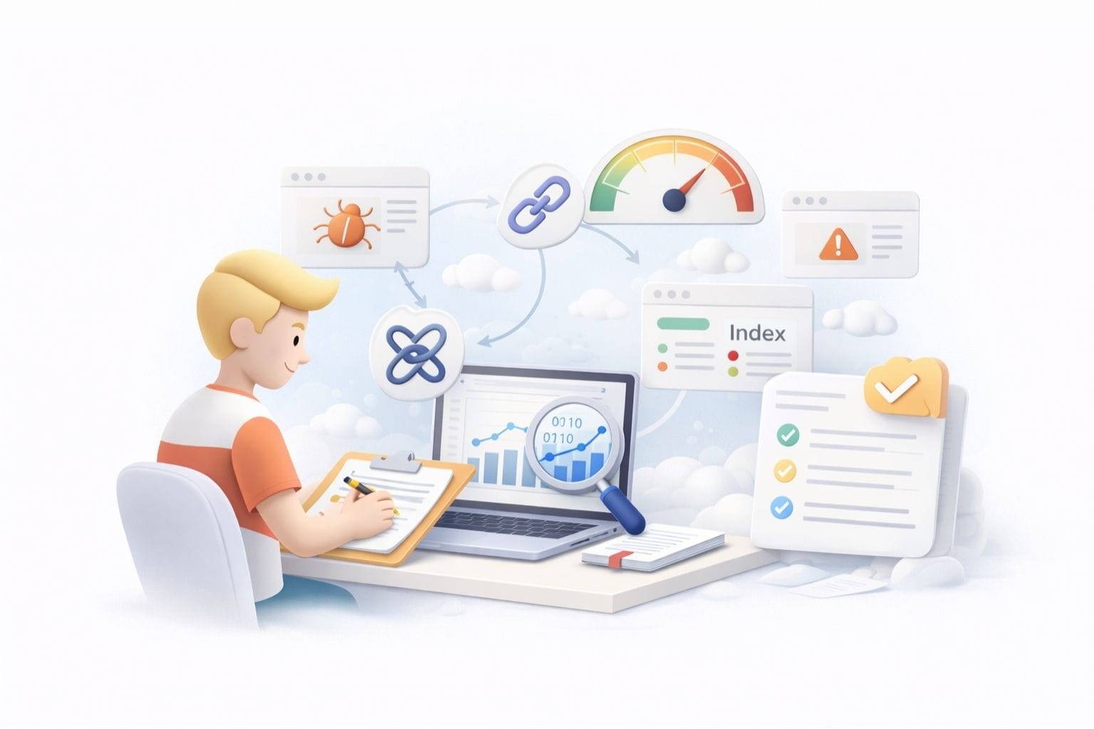Illustration showing a technical SEO specialist manually reviewing website data, connecting crawl, indexing, internal links, and performance insights.
