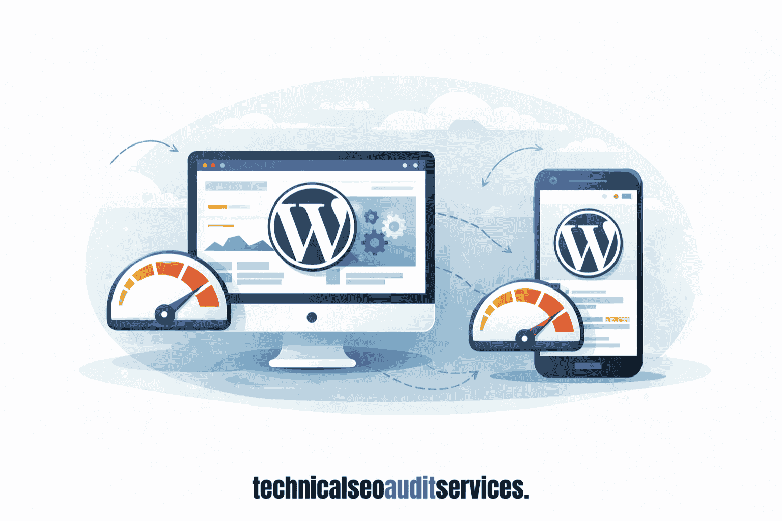Illustration comparing WordPress website speed on desktop and mobile devices, highlighting performance differences across screens.