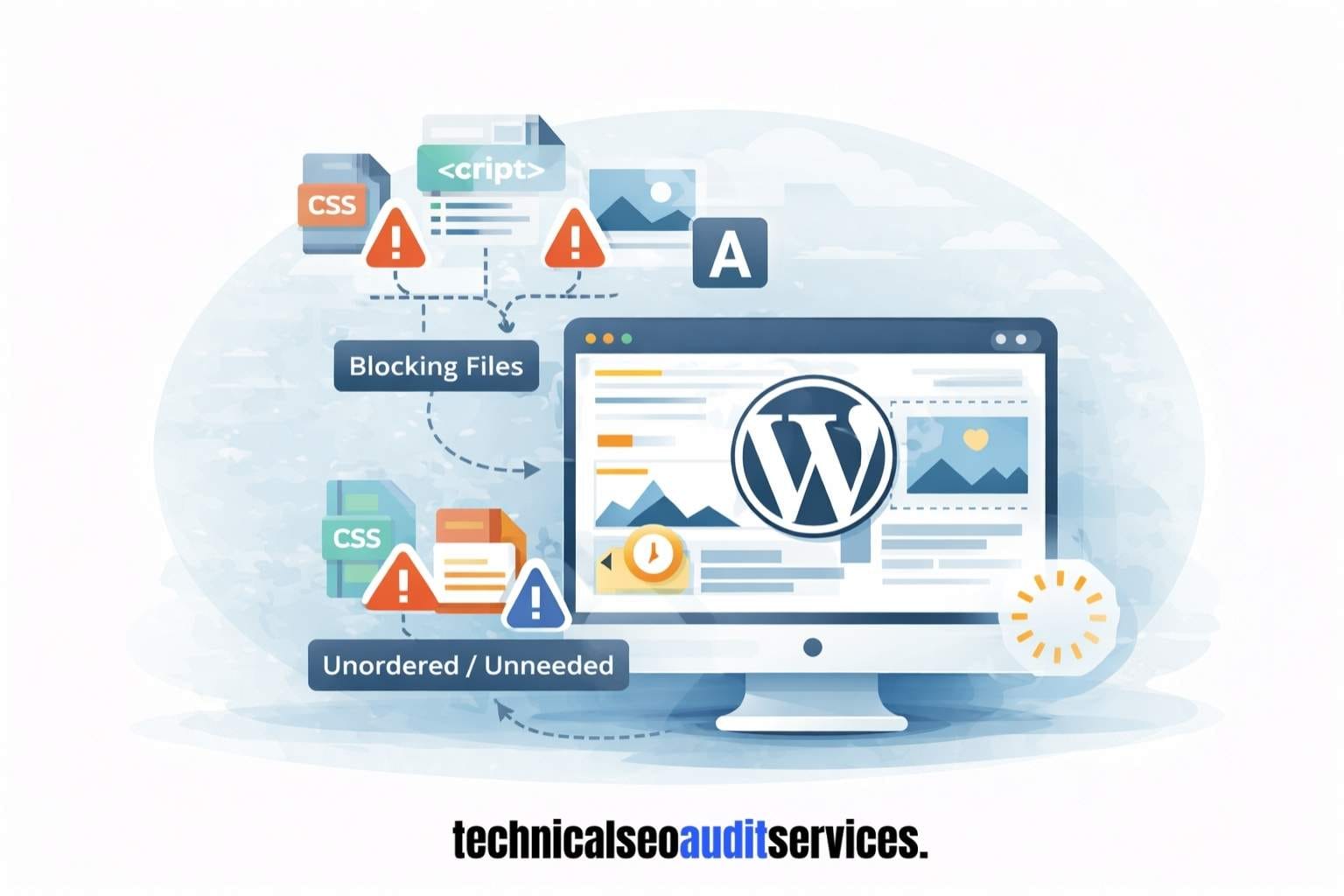 Illustration showing WordPress resource loading and render issues caused by blocking scripts, styles, images, and fonts.