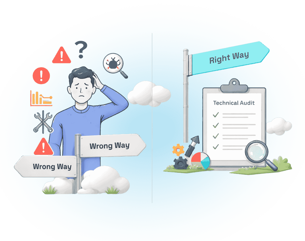 Illustration showing common technical SEO issues creating confusion before a proper audit.