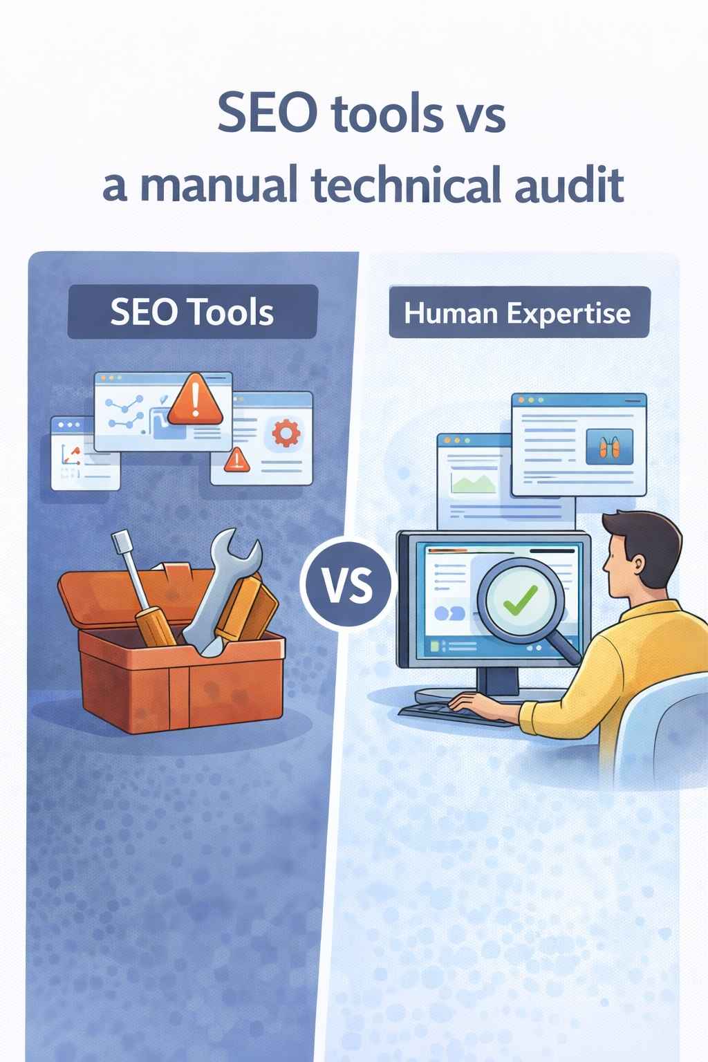 Illustration comparing automated SEO tools with a manual technical audit, showing raw issue detection versus human analysis and review.