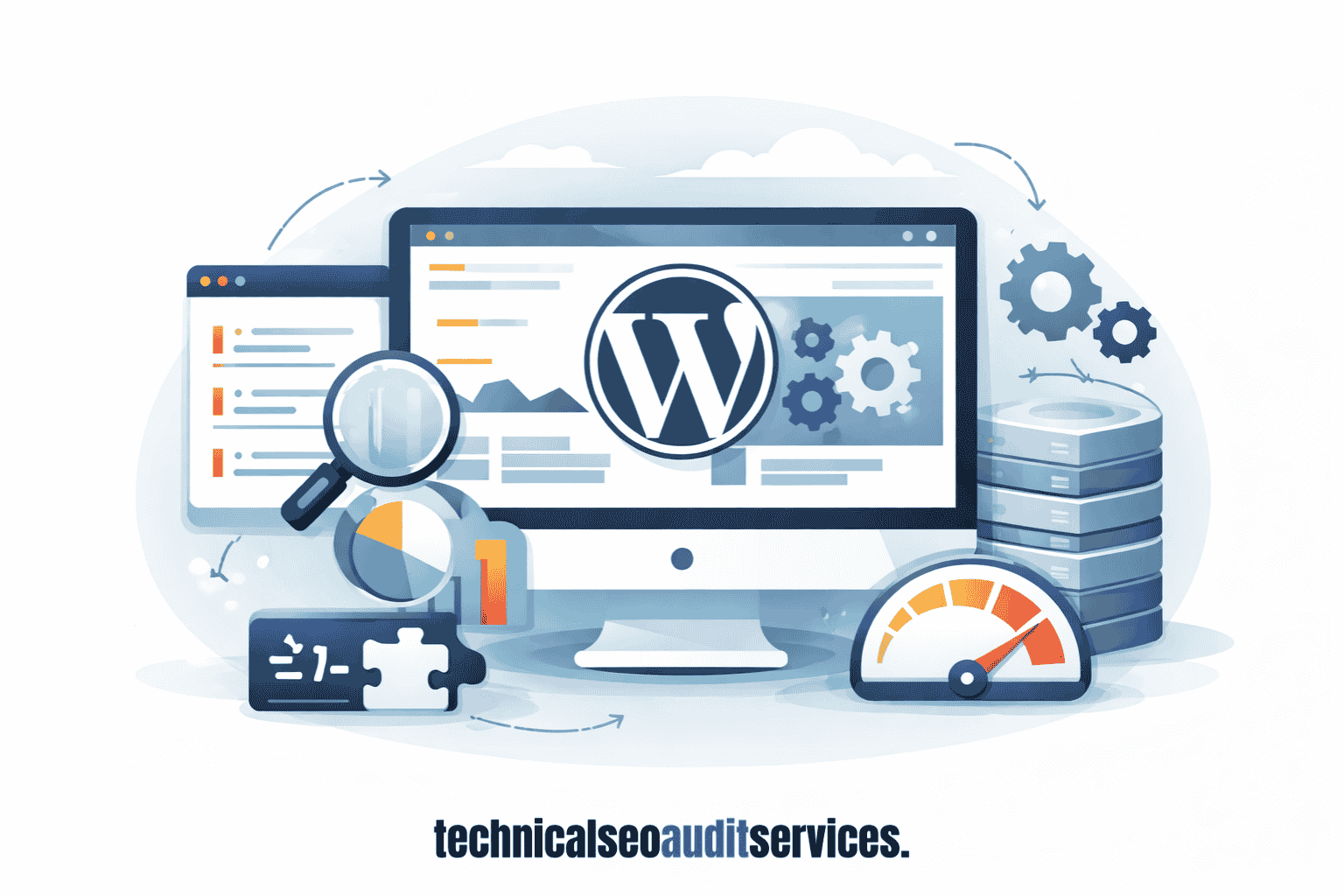 Simple illustration showing a WordPress website being reviewed for performance, with a focus on overall site speed and system-level issues.