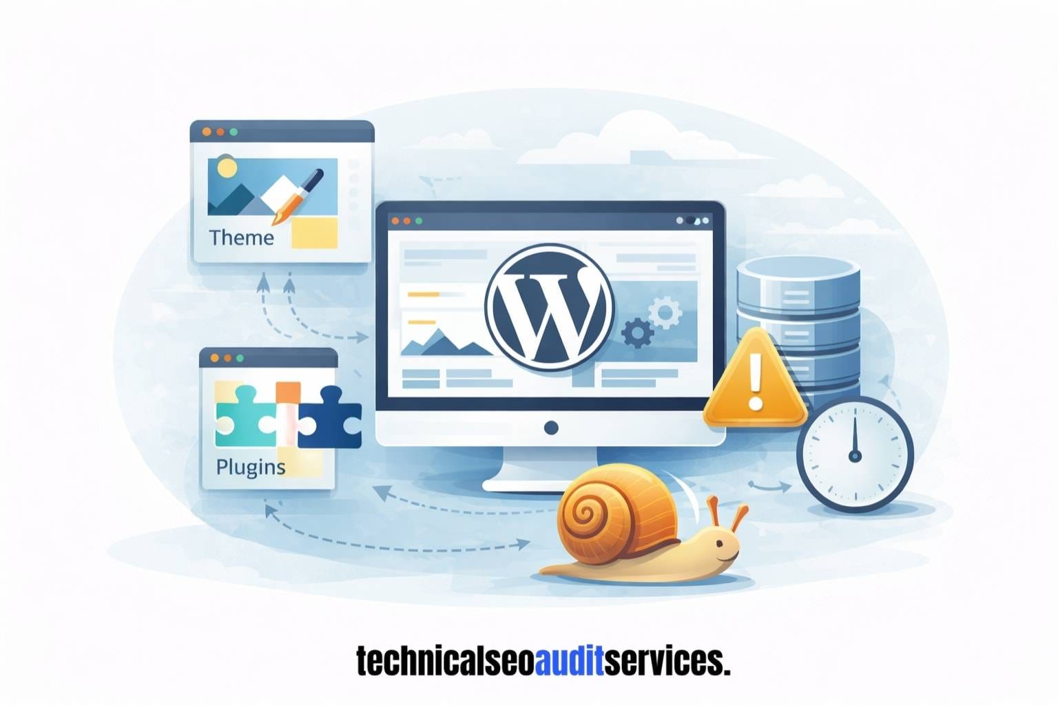 Illustration showing WordPress-specific performance bottlenecks caused by themes, plugins, and database processes slowing down a website.